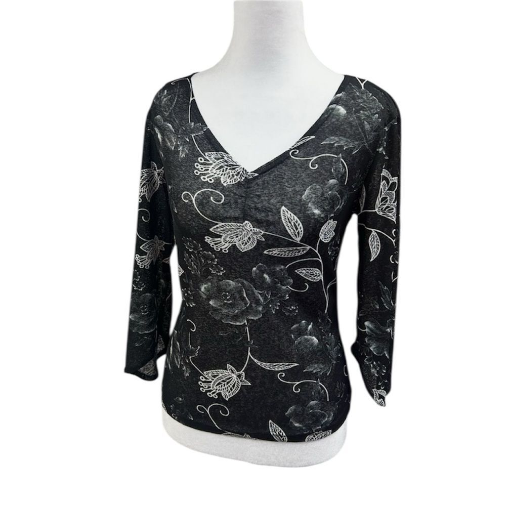 Claudia Richard Y2K Dark Floral Sheer Whimsigoth Witchy Ruched Blouse